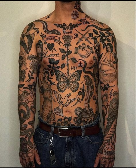 French Prison Tattoo, Traditional Tattoo Torso, American Traditional Chest Tattoo, Chest Tattoo Name, Traditional Chest Tattoo, Skateboard Tattoo, Under Chest Tattoo, Traditional Chest, Traditional Black Tattoo