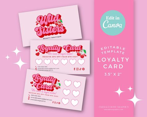 Pink red cherry loyalty card template for Canva, customizable and easy to. #y2kvintage #fontlove #retrofonts #nostalgicdesign #throwbacktype Calling Card Aesthetic, Loyalty Cards Ideas, Aesthetic Business Cards, Girly Business Cards, Loyalty Card Design, Loyalty Card Template, Cute Business Cards, Business Nails, Business Branding Inspiration