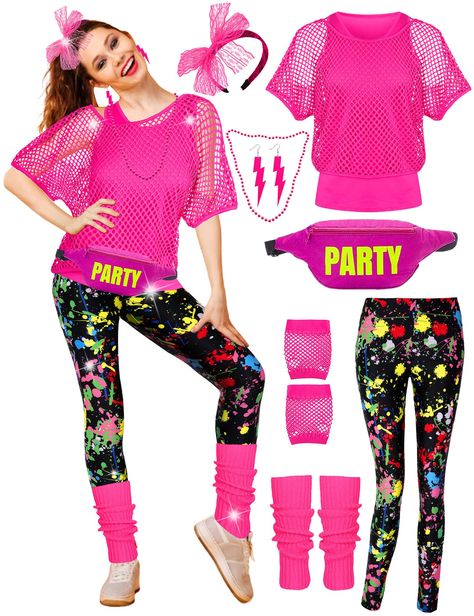 PRICES MAY VARY. Full set 80s Outfit For Women: includes 1 pcs retro 80s fishnet Top, 1 pcs Vest, 1 pcs pants，1 pcs leg warmers, 1 pcs necklace,1 pcs Earrings, 1 pcs headband, 1 pair of gloves and 1 pcs fanny pack, which can satisfy your needs for 80s costume accessories. The fishnet top and vest are made of cotton ,soft and breathable，and yoga pants are composed of a super-soft polyester-spandex fabric，Elastic enough that conforms to your body , it is not see-through,and the color will not fade 80s Costume Ideas, 80s Costume Diy, 80s Costume Ideas For Women, 80s Workout Outfit, 80s Halloween Costumes, The 80s Fashion, Neon Accessories, 80s Costume, 80s Fashion Trends