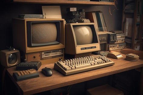 Photo retro computer on desk arrangement | Premium Photo #Freepik #photo #vintage-computer #computer-technology #computer #technology Computer On Desk, Desk Arrangement, Desk Arrangements, Photo Retro, Computer Photo, Retro Computer, Computer History, Computer Backgrounds, Computer Room