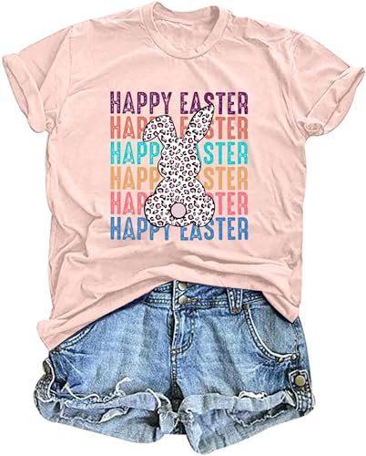 Women Happy Easter T Shirt Bunny Rabbit Graphic T-Shirt Funny Letter Printed Shirts Short Sleeve Tops Accessories Bags Shoes, Evening Dresses Plus Size, Maxi Dress Cocktail, Round Neck Tees, Maxi Dress Formal, Active Wear Leggings, Formal Evening Dresses, Trendy Tops, Basic Style