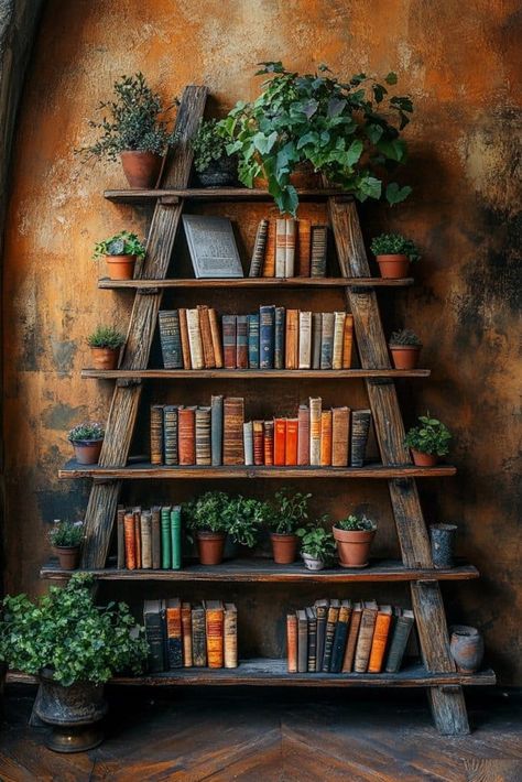 Ladder Bookshelves, Bookshelf Designs, Wooden Ladders, Unique Bookshelves, Ideas For Organizing, Country Vibe, Creative Bookshelves, Bookshelf Ideas, Rustic Ladder