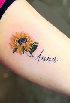 Name Tattoos Ideas For Women, Name Tattoos Ideas, Kids Name Tattoos, Sunflower Foot Tattoos, Forearm Tattoo Designs, Sunflower Tattoo Meaning, Sunflower Tattoo Ideas, Sunflower Tattoo Simple, 10 Tattoo