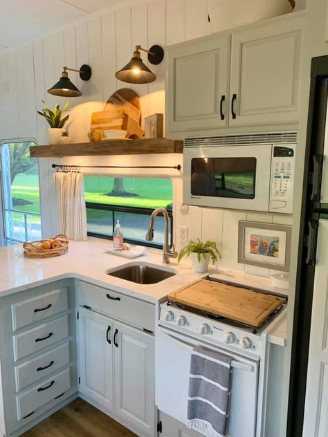 Camper Kitchen Renovation, Travel Trailer Kitchen Remodel, Revamp Rv, Fireplace Quartz, Renovated Trailer, Small Travel Trailer Remodel, Countertops Laminate, New Bathroom Vanity, Studio Kitchenette