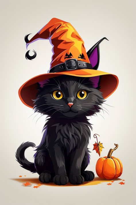 halloween cute black cat wearing a witches hat, kids style, Halloween elements, , whole body, Sketch style, full body cartoon style, vector art, clean vector art, white background, Sketch style, vibrant colors, no blends, so shadows, no gradients, solid colors Image Halloween, Labu Halloween, Chat Halloween, Halloween Cats, Halloween Artwork, Witch Cat, Gems Art, Cat Pumpkin, Nails Halloween