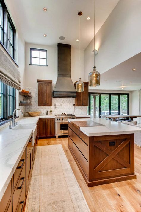 Granite Countertops With Walnut Cabinets, Light Hardwood Floors With Dark Cabinets, Floors That Go With Cherry Cabinets, Medium Wood Cabinets Kitchen, Dark Wood Kitchen Cabinets White Counter, Kitchen With Minimal Upper Cabinets, Room Division Ideas, Gaines Kitchen, Amazing Kitchens