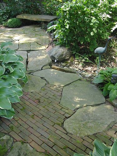 Mixing Old And New Pavers, Flagstone Sidewalk Ideas, Mixed Stone Patio, Mixed Material Patio, Brick And Flagstone Walkway, Flagstone And Brick Patio, Garden Hardscape Ideas, Japanese Stone Path, Brick Paving Patterns