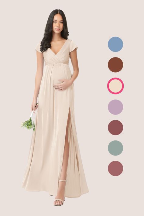 Allessia is perfect for all of our maternity bridesmaids. This maternity bridesmaid dress features an empire waist with delicate gathering while the V-neckline has pleats framed with cap sleeves. The flowy A-line skirt offers comfort and ease of movement as you enjoy any event. Satin Dress White, Modest Bridesmaid Dress, Maternity Bridesmaid Dress, Plus Size Bridal Dresses, Maternity Bridesmaid Dresses, Stretch Satin Dress, Pregnant Wedding, White Bridesmaid Dresses, Modest Bridesmaid Dresses