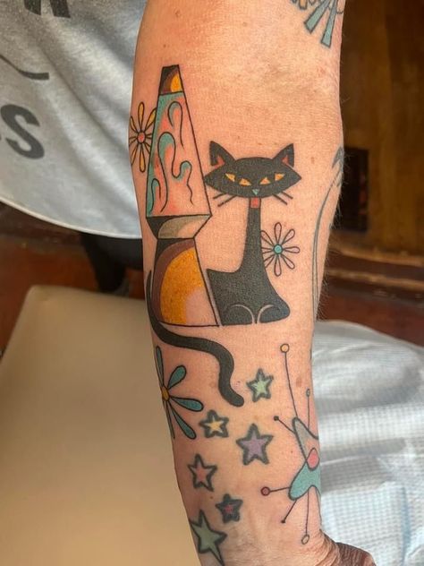 Atomic Age Tattoo, Atomic Cat Tattoo, Mid Century Tattoos, Mid Century Tattoo, Mid Century Modern Tattoo, American Traditional Cat Tattoo, American Traditional Tattoo Ideas, Traditional Tattoo Ideas, Tattoo Board