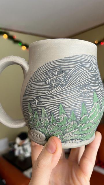 Melissa Gust on Instagram: "Part one: The Trees 🌲 ���🌲 Sequel coming soon to a theater near you 👀 This is basically the sound that plays in my head when I work. #processart #mnartist #winterpine #pinetrees #wip #sgraffito #inlay #sgraffitopottery #handcrafted #winterart" Sgraffito Mountains, Sgraffito Christmas, Clay Sgraffito, Clay Carving, Wheel Throwing, Tree Carving, Art Clay, Sgraffito, Winter Art