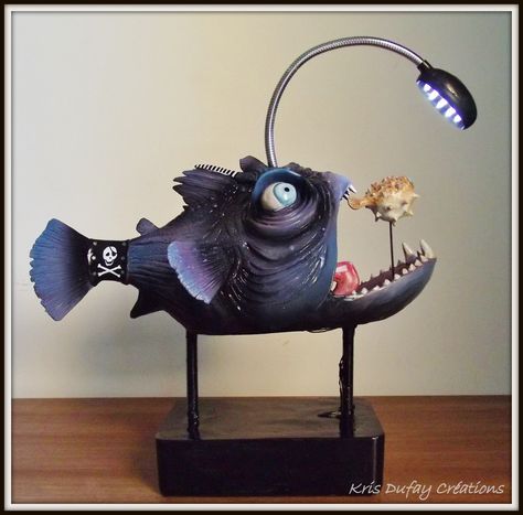 Lantern Fish, Steampunk Animals, Taxidermy Art, Pottery Handbuilding, Fish Sculpture, Angler Fish, Ceramics Pottery Art, Steampunk Art, Wooden Sculpture