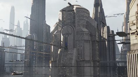 Star Wars Coruscant, Coruscant Guard, Star Wars Easter, Star Wars Easter Eggs, Worldbuilding Inspiration, Art Deco City, Castle Exterior, Star Wars Planets, Sci Fi Architecture