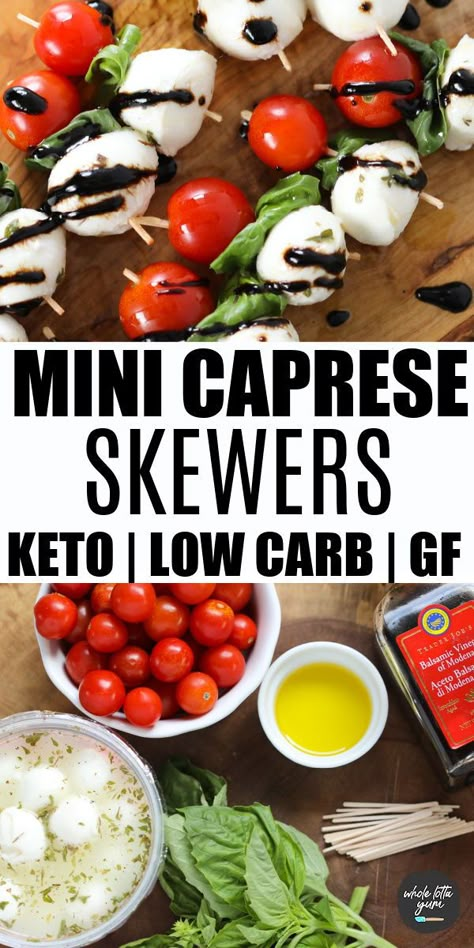 Keto Caprese skewers appetizer with balsamic glaze makes an easy no bake holiday appetizer recipe that's also a keto appetizer, low carb, gluten free, and vegetarian. Makes a great healthy snack too! Keto Caprese, Caprese Appetizer, Caprese Salad Skewers, Caprese Bites, Keto Holiday Recipes, Skewer Appetizers, Caprese Skewers, Holiday Appetizers Recipes, No Cook Appetizers