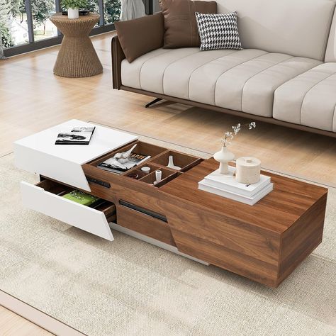 Extendable Coffee Table with 2 Drawers and Hidden Storage Compartment, Contemporary Center Table with Extendable Top for Living Room, White&Walnut Coffee Table With Hidden Storage, Extendable Coffee Table, Pedestal Coffee Table, Studio Table, Coffee Table Rectangle, Coffee Table White, Cool Coffee Tables, Table Centers, Coffee Table Wayfair