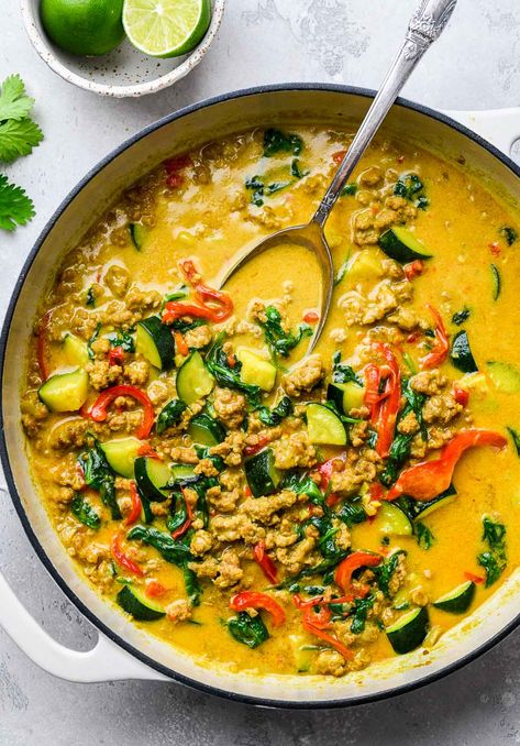 Chinese Ground Turkey, Ground Turkey Coconut Milk, Ground Turkey Curry Coconut Milk, Spinach And Ground Turkey Recipes, Ground Turkey Kale Recipes, Ground Turkey And Cauliflower Recipes, Turkey Curry Recipes, High Fiber Dinner Recipes, Ground Turkey Curry