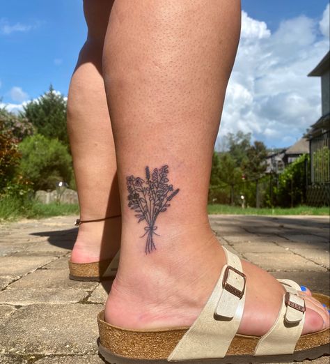 Flower Bouquet Tied With Ribbon Tattoo, Bouquet Ankle Tattoo, Birth Flower Bouquet Tattoo Ankle, Birkenstock Tattoo, Tattoo Bouquet Of Flowers, Bouquet Of Flowers Tattoo, Flower Tats, Flower Bouquet Tattoo, Flower Tat