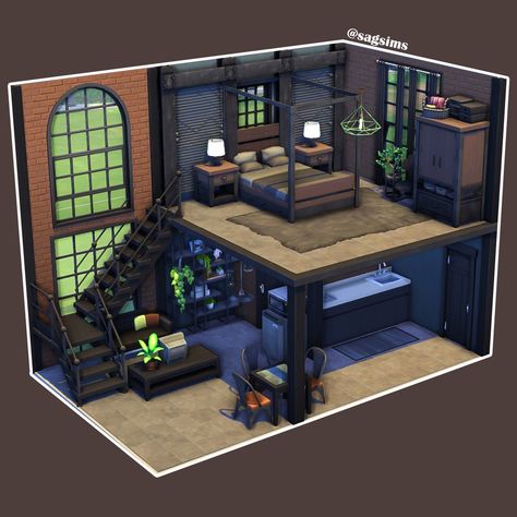 Sims Industrial Loft, Industrial Apartment Sims 4, Industrial Loft Sims 4, Sims 4 Grunge Apartment, Sims 4 Warehouse, Sims 4 Bachelor Pad, Sims 4 Industrial House, Sims 4 Loft Apartment, Sims 4 Apartment Ideas