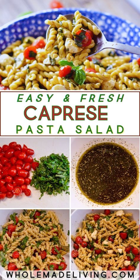 Caprese pasta salad pin with 5 photos, top in a blue white bowl and a serving spoon full and bottom 4 pics with steps in making it. Pasta Salad With Mozzarella Balls, Salad With Mozzarella Balls, Pasta Salad With Mozzarella, Lunch Kids, Cold Side Dishes, Mozzarella Balls, Caprese Pasta Salad, Pasta Salad Dressing, Caprese Pasta