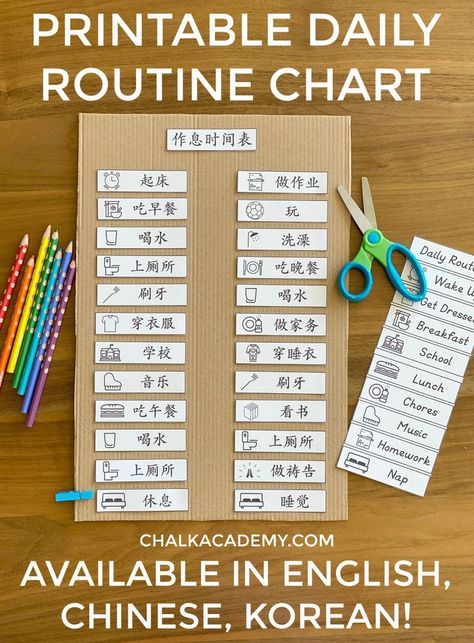 Visual Daily Routine Chart for Kids in English, Chinese, Korean (Printable) Daily Schedule For Kids, Korean Printable, Daily Routine Chart For Kids, Mandarin Learning, Easy Learning Activities, Printable Daily Schedule, Daily Schedule Kids, Printable Schedule, Daily Routine Chart