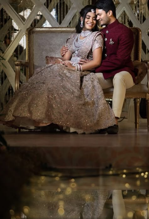 Couple Poses In Gown And Suit, Couple Sofa Pose, Reception Couple Poses Indian Bride Groom, Couple Poses For Reception, Couple Chair Poses, Reception Couple Shoot, Wedding Reception Poses, Sangeet Poses, Couple Poses Sitting