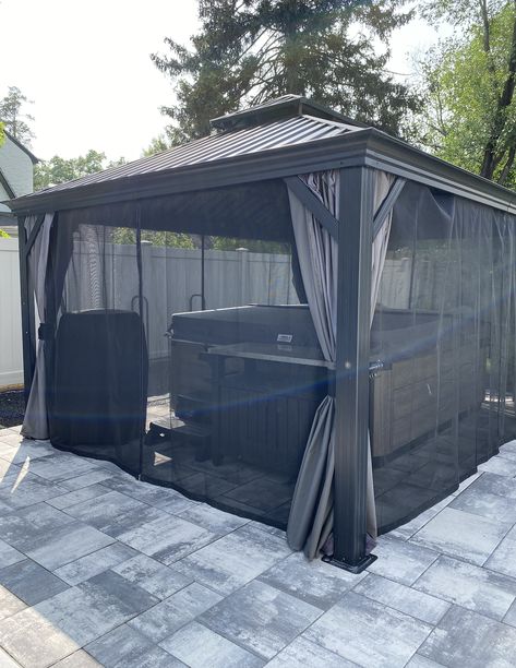 https://amzn.to/3p0Jh5o Hot Tub In Gazebo, Screened In Hot Tub Area, Fire Pit Under Gazebo, Screened Gazebo Ideas Backyard, Screen Gazebo Ideas Backyard, Hot Tub Under Gazebo, Hot Tub Gazebo Ideas, Yard Improvement Ideas, Metal Roof Gazebo