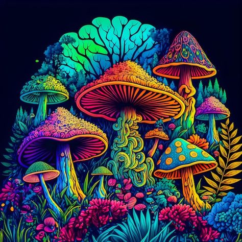 Mushroom Paint, Diamond Dots, Mushroom Pictures, Trippy Designs, Tapestry Nature, Mushroom Drawing, Forest Tapestry, Psychadelic Art, Flow Painting