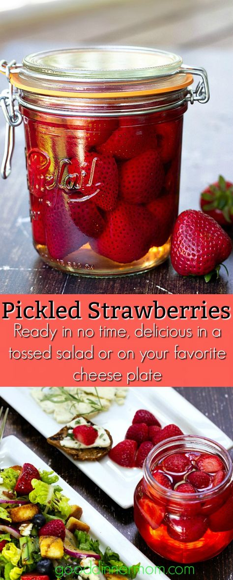 Tossed in a salad or served on a cheese plate, pickled strawberries are quick, easy, and delicious. #strawberries #appetizer #easyrecipes Pickled Strawberries, Pickled Fruit, Leftover Strawberries, Pickled Vegetables Recipe, Pickled Veggies, Feel Good Food, Pickled Vegetables, Cheese Plate, Pickling Recipes