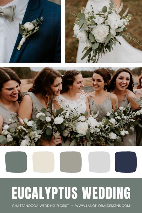 White Peonies, Eucalyptus, and Sage green bridesmaids dresses! Grey And Eucalyptus Wedding, Eucalyptus Wedding Mood Board, Wedding Theme Eucalyptus, Sage Mismatched Bridesmaids, Bridesmaid Dresses Green Sage Color Palettes, Spring Eucalyptus Wedding, Peonies With Eucalyptus, Wedding Color Schemes Eucalyptus, Sage Eucalyptus Wedding