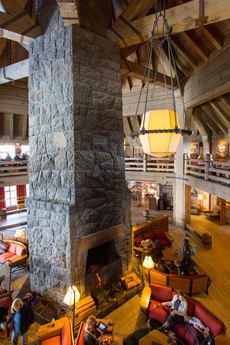 Interior of Timberline Lodge on Mount Hood in the Cascade Mountains, Oregon, USA - Northwest Travel Magazine Lodge Fireplace Decor, Ski Lodge Fireplace, Ski Lodge Interior, Winter Ski Lodge, Ski Lodge Aesthetic, Lodge Fireplace, Lodge Aesthetic, Unique Vacation Rentals, Timberline Lodge