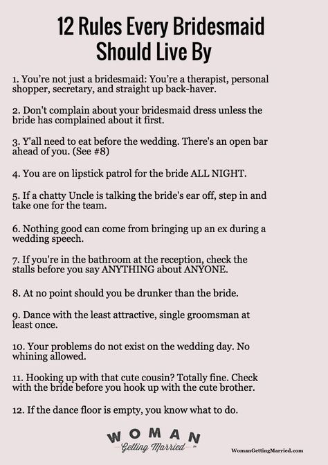 Every bridesmaid should know these by heart...especially #8: http://www.womangettingmarried.com/12-rules-every-bridesmaid-should-live-by/ Bridesmaid Tips, Bridesmaid Duties, Wedding Speech, Future Wedding Plans, Wedding Planning Checklist, Cute Wedding Ideas, Wedding Checklist, Wedding Advice, Wedding Wishes