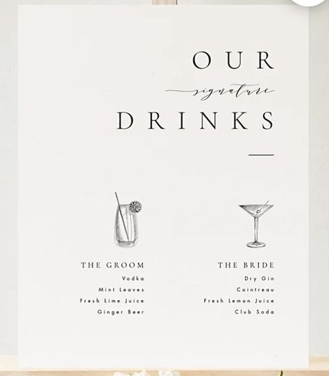 Cocktail Signs Wedding, Bar Menu Wedding Signature Cocktail, Cocktail Menu Wedding Bar Ideas, Welcome Drinks Wedding, Wedding 2024 Trends, Cocktail Menu Wedding, Menu Wedding Sign, Wedding Bar Signage, Cocktail Sign Wedding