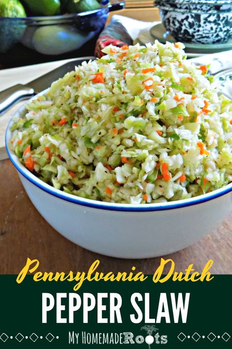 Spiced Cabbage Recipe, Sweet Sour Cabbage Recipes, Sweet And Sour Slaw Recipe, Amish Slaw Recipe, Sweet And Sour Slaw, Pepper Slaw Recipe, Amish Dishes, Pepper Slaw, Pepper Cabbage