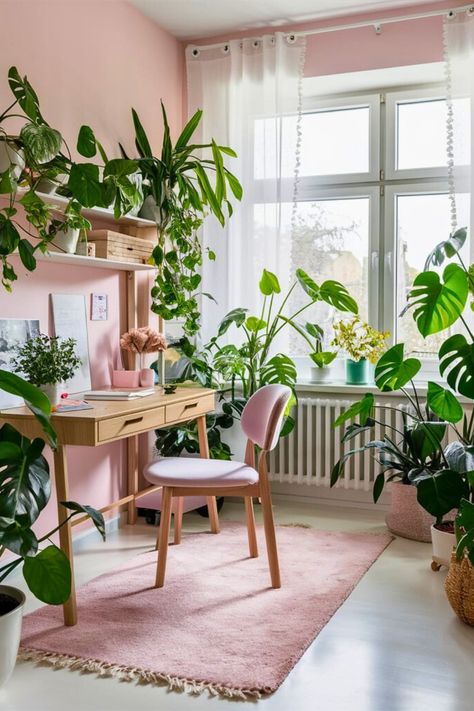 Pink And Green Office, Pink Home Office Ideas, Green Home Offices, Pink Home Office, Pink Office Decor, Home Office Decor Ideas, Girly Office, Office Decor Ideas, Green Desk