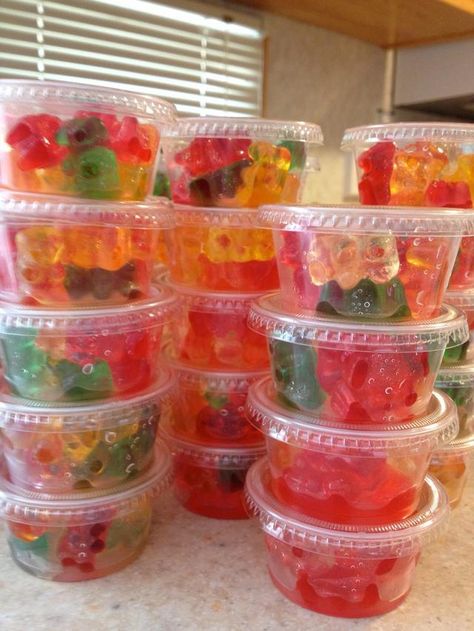 Rummy Bears!   1 large package of Gummy Bears Approximately 400 Milliliters of Mango Rum. A large container with a lid. Stir frequently at the beginning. Let them soak overnight. Serve in small cups with a lid.  Move over Jell-O shots! Rummy Bears, Alcohol Gummy Bears, Mango Rum, Jello Shot Recipes, Shot Recipes, Jello Shots, Coconut Rum, Diet Vegetarian, Alcohol Drink Recipes