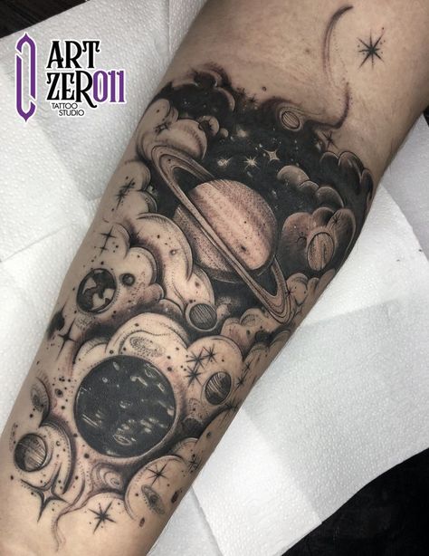 Space Hand Tattoos For Guys, Aerospace Tattoo Ideas, Outer Space Half Sleeve Tattoo, Space Tattoo Sleeve Black And White, Galaxy Filler Tattoo, Shoulder Tattoo Space, Space Arm Tattoos For Women, Space Arm Sleeve Tattoo, Galaxy Half Sleeve Tattoo