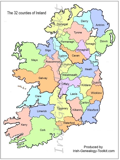 map of Counties in Ireland | This county map of Ireland shows all 32 counties on the island. It ... Genealogy Ireland, Counties Of Ireland, Genealogy Map, Map Of Ireland, Irish Surnames, Irish Genealogy, Irish Ancestry, Ancient Ireland, Ancestry Family Tree