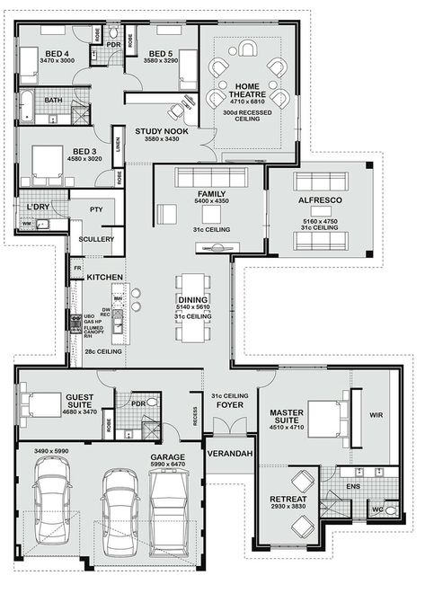 Gemmill Homes: The Barbados 5 Bedroom House Plans, Home Design Floor Plans, 5 Bedroom House, House Blueprints, Bedroom House Plans, New House Plans, Sims House, Growing Family, Dream House Plans