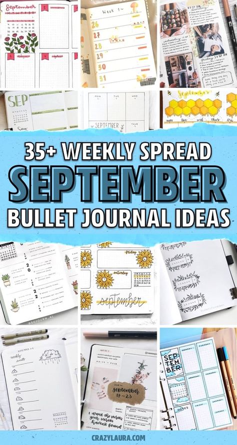 If you need a new layout for your bullet journal theme this Fall, check out these September weekly spread ideas for inspiration! #weeklyspread #bujo #bujospread #bulletjournal September Weekly Spread, Planner Layout Templates, September Bullet Journal, Crazy Laura, Simple Weekly Planner, Weekly Spread Ideas, Weekly Bullet Journal, Bullet Journal Monthly Spread, Bujo Weekly Spread