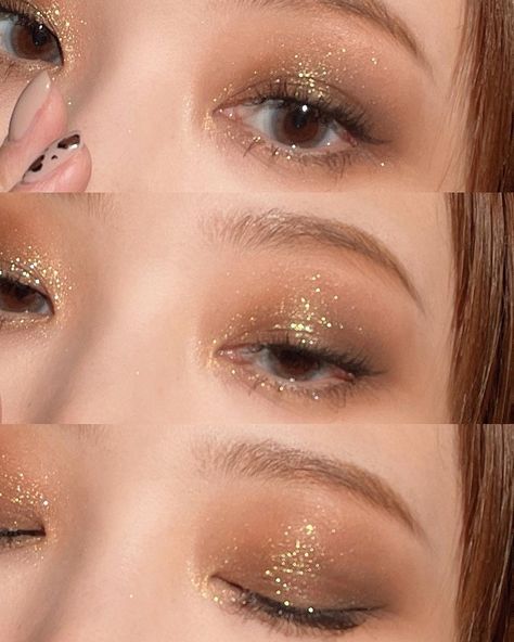 Gold Eye Makeup Asian Eyes, Brown Gold Makeup Natural, Gold Party Makeup Looks, Bridal Gold Makeup, Gold Inspired Makeup Looks, Gold Shimmery Eye Makeup, Gold Asian Makeup, Gold Makeup Inspiration, Golden Birthday Makeup