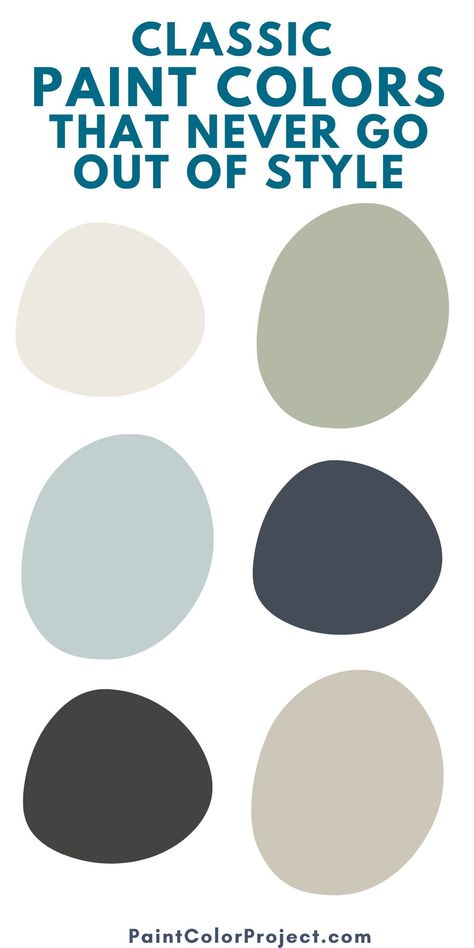 Want to paint your home in a timeless color scheme? Here are a ton of classic paint colors that never go out of style! Classic House Color Palette, Classic Whole House Color Palette, Transitional Paint Palette, Pnw Paint Colors, Contemporary Farmhouse Color Palette, Modern Cottage Paint Colors, Whole House Paint Scheme Sherwin Williams Colour Palettes, Grand Millennial Paint Colors, Timeless Color Palette Home