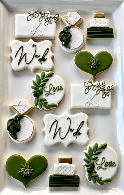 Wedding Cookies Decorated Simple, 50th Anniversary Cookies, Wedding Cookies Decorated, Kim Wedding, Wedding Shower Cookies, Anniversary Cookies, Engagement Cookies, Olive Green Weddings, Wedding Snacks