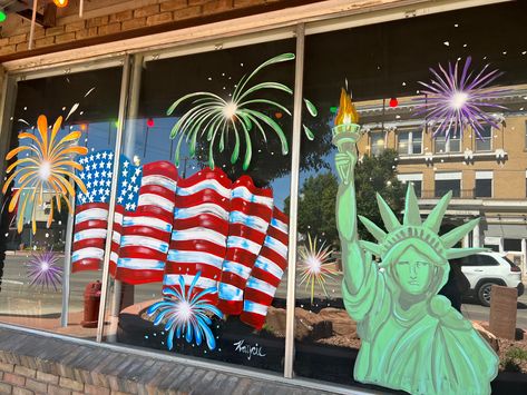 Forth Of July Window Painting, Fourth Of July Window Art, Store Window Painting Ideas, Patriotic Window Painting, Memorial Day Window Painting, Fourth Of July Window Painting, 4th Of July Window Painting, Business Window Painting, Summer Window Art