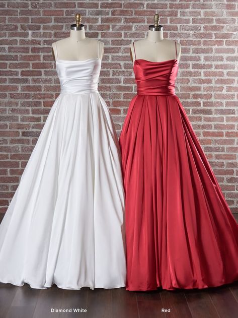 A-line sophisticated satin bridal gown with regal vibes. Scarlet is a show-stopping and ultra sophisticated satin bridal gown in a covetable shade of, well, scarlet. Also available in classic Diamond White and striking Black. #astrabridal #maggiesottero #weddingdressinspo #2023bride #2023wedding #2024bride #2024wedding #bridetobe #nzwedding #satinweddingdress #pleatedbodice #classicbride #elegantbride #scoopneckline #ballgown #redweddingdress #blackweddingdress #nontraditionalbride #pleatedskirt Nontraditional Bride, Colored Wedding Dress, Satin Bridal Gowns, Red Wedding Dress, Minimalist Bride, A Line Bridal Gowns, Maggie Sottero Wedding Dresses, White Wedding Gowns, Dresses 2022