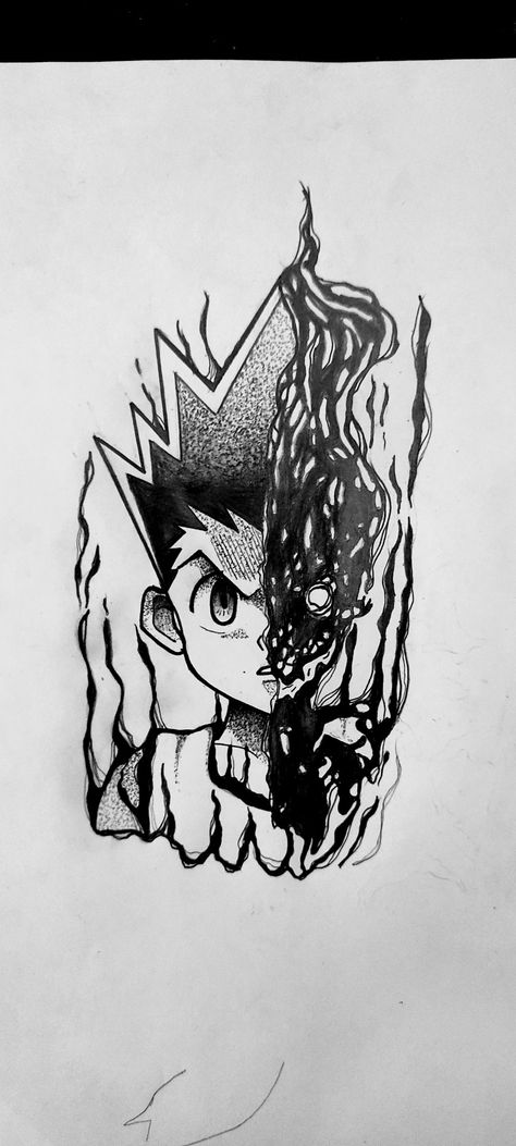 Hxh Inspired Tattoos, Gon Freecss Tattoo Design, Black And Gray Anime Tattoo, Hxh Gon Tattoo, Anime Tattoo Template, Black And White Anime Tattoo Ideas, Tattoo Design Drawings Anime, Gon Freecs Tattoo, Gon Rage Tattoo