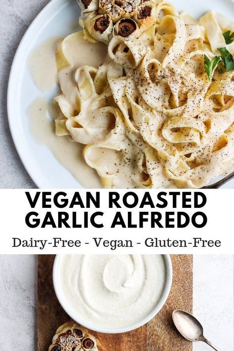 Vegan Roasted Garlic Alfredo Sauce - a silky and delicious vegan/dairy-free sauce that goes perfectly with pasta or spaghetti squash! #whole30 #vegan #dairyfree #healthyalfredosauce #homemadealfredosauce #whole30sauce #dairyfreealfredo #spaghettisquash #pastasauce Vegan Fettuccine, Pasta Photography, Garlic Alfredo Sauce, Vegan Fettuccine Alfredo, Dairy Free Alfredo Sauce, Wooden Skillet, Dairy Free Sauces, Whole30 Vegan, Vegan Alfredo Sauce