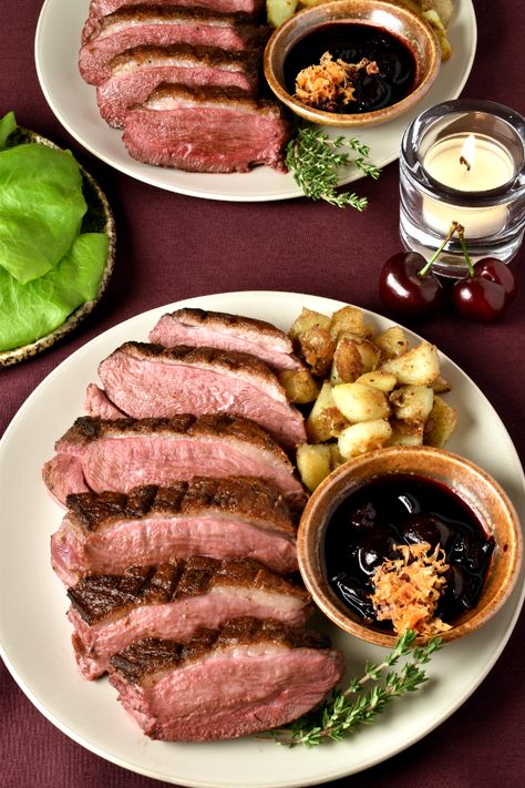 Duck Breast with Cherry Sauce | WednesdayNightCafe.com Fry Potatoes, Roasted Duck Recipes, Duck Breast Recipe, Fat Duck, Duck Fat Fries, Cherry Sauce, Duck Breast, Duck Fat, Roast Duck