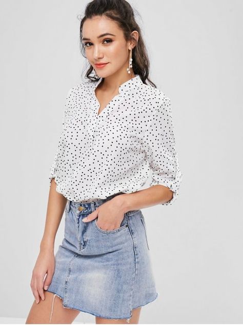 Polka Dots Shirt Outfit, Polka Dot Shirt Outfit, Plunge Blouse, Cute Blouses For Women, Blue Lace Blouse, Embroidered Chiffon, Blouse Models, Polka Dot Shirt, Cute Blouses