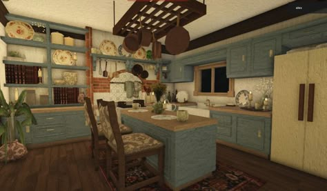 Bloxburg Kitchen Cottagecore, Vintage Home Layout, Retro House Bloxburg, Cottage Bloxburg Interior, Cottagecore Bloxburg House Layout, Hippie Bloxburg House, Bloxburg Witch House, Unique Bloxburg Houses, Cottagecore Bloxburg House