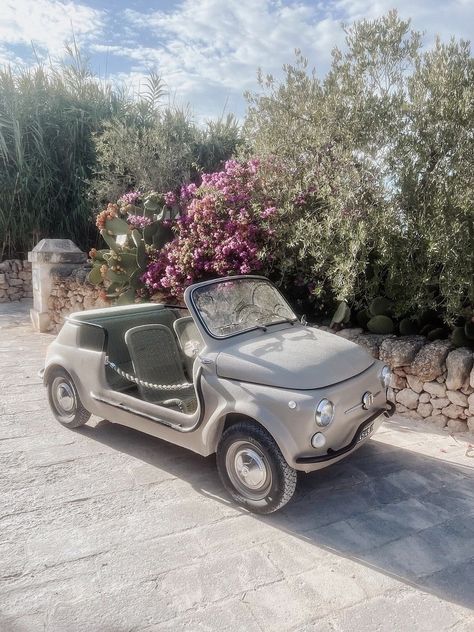 Vintage Fiat 500 Jolly. #Vintage #Fiat500 #Jolly #Fiat500Jolly #exterior #minimalism #design #monochrome #masseria #lamia #lighting #puglia #lifestyle #architecture #style #traditional #culture Fiat 500 Jolly, Beige Fiat 500, Fiat Jolly, Vintage Fiat, Car Obsession, Fiat 500 Vintage, Minimalism Design, Traditional Culture, Love Car