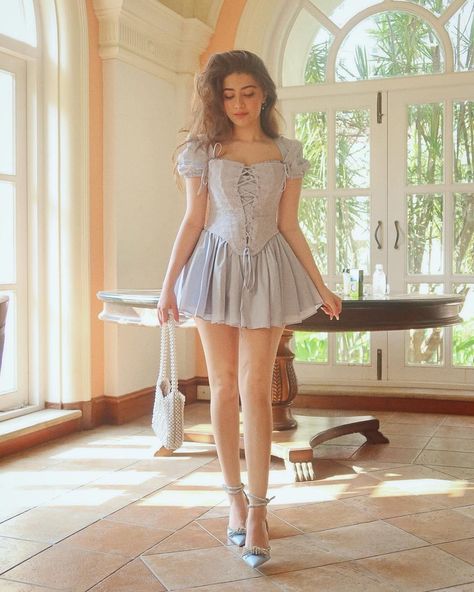 Blue Corset Dress Short, Corset Dress Short, Blue Corset Dress, Vintage Dress White, Short Dress Summer, Fluffy Sleeves, Pearl Purse, Heels Bow, Aditi Bhatia